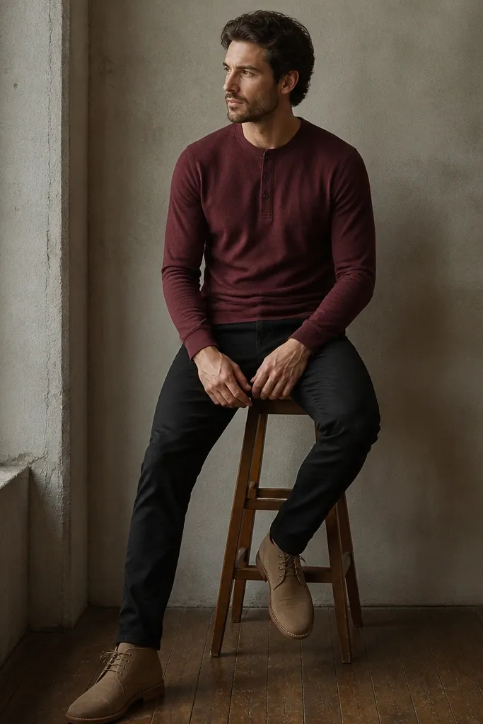 Black jeans paired with a burgundy three-button henley shirt, sleeves down, plus tan suede chukka boots.
