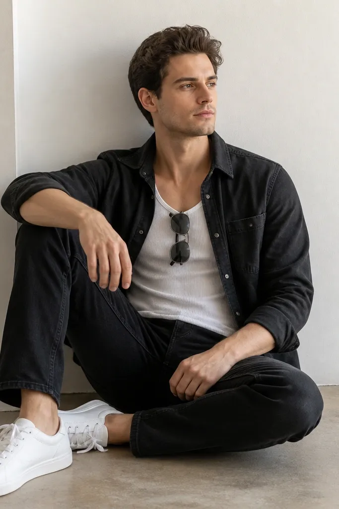 Black jeans with a white ribbed tank top, black denim overshirt worn open, and white sneakers; sunglasses on shirt collar.