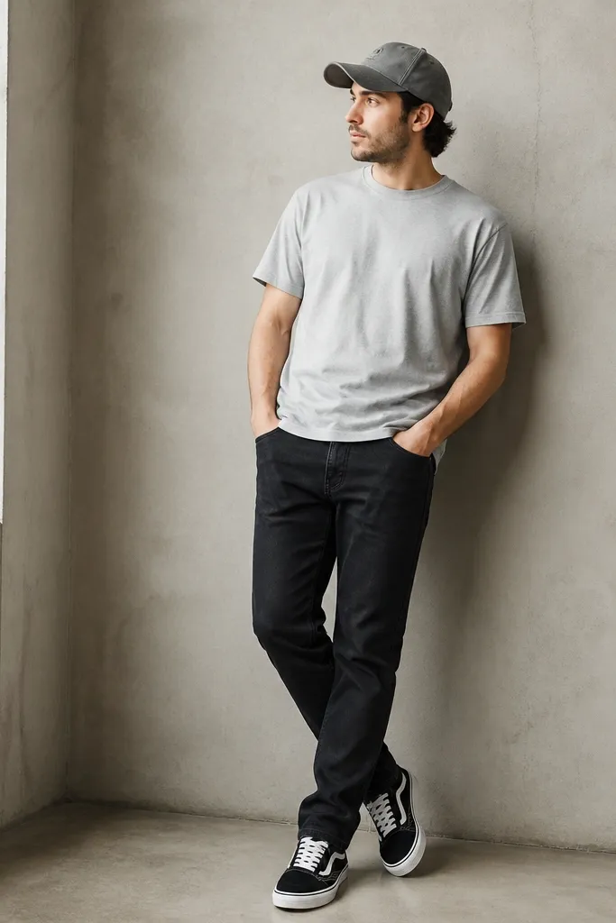 Black jeans with a light gray short-sleeve tee, worn untucked, and black-and-white trainers; gray cap.