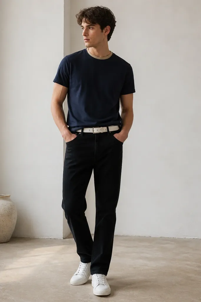 Black jeans styled with a navy tee tucked slightly, a white belt visible at the waist, and a hint of khaki fabric at the waistband like an undershirt layer; white sneakers.