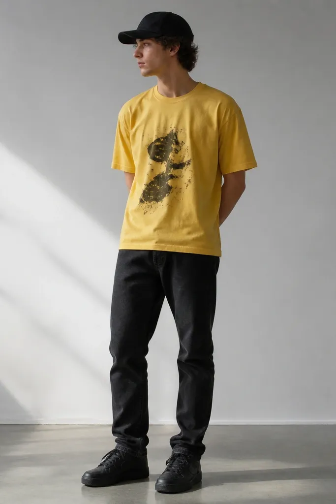 Black jeans with a yellow graphic short-sleeve tee, worn untucked, and black sneakers; black baseball cap.