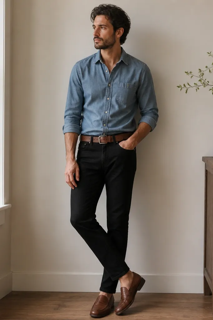 Black jeans paired with a dusty blue chambray long-sleeve shirt rolled to elbows, plus brown leather loafers and a leather belt.
