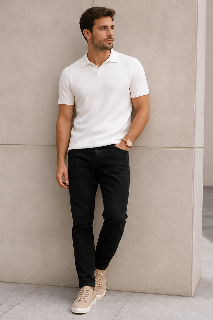 Black jeans with a white short-sleeve sweater polo, collar flat, worn untucked, and tan sneakers; light wooden watch.