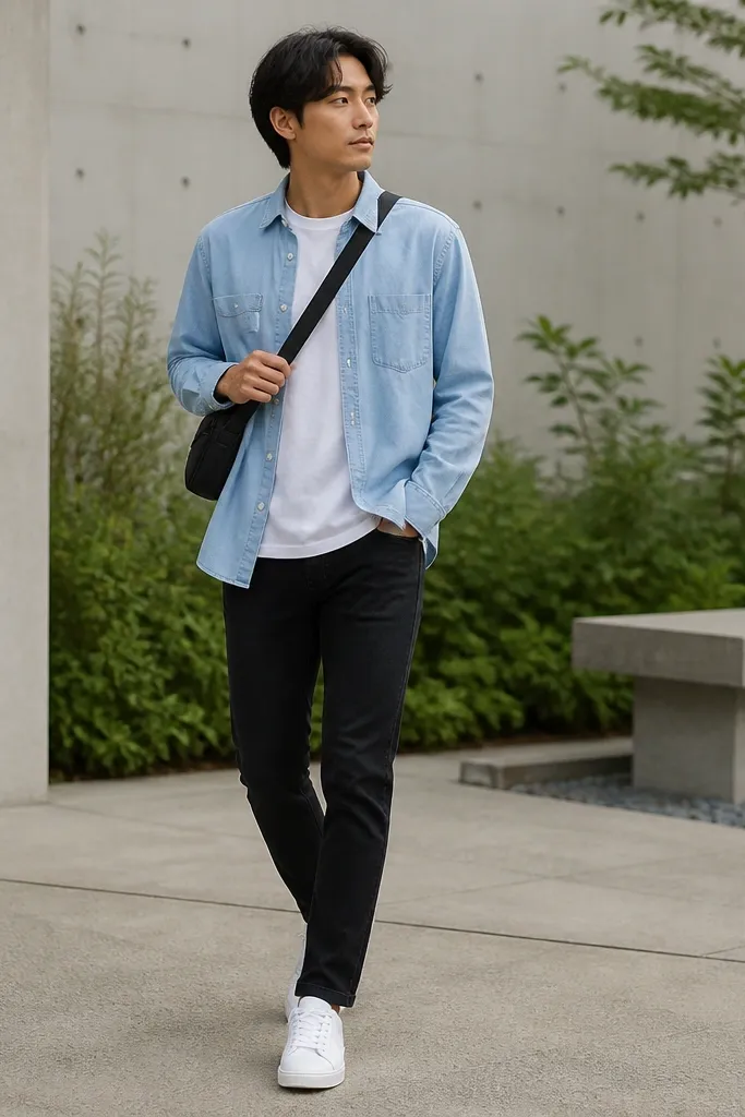 Black jeans paired with a light blue chambray button-up worn open over a white crew tee, plus white sneakers and a crossbody bag.