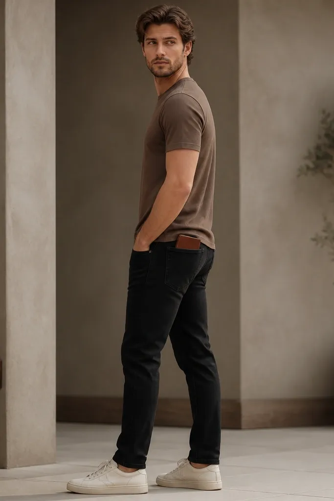 Black jeans paired with a mocha brown short-sleeve tee, worn untucked, and off-white sneakers; small leather wallet in back pocket.