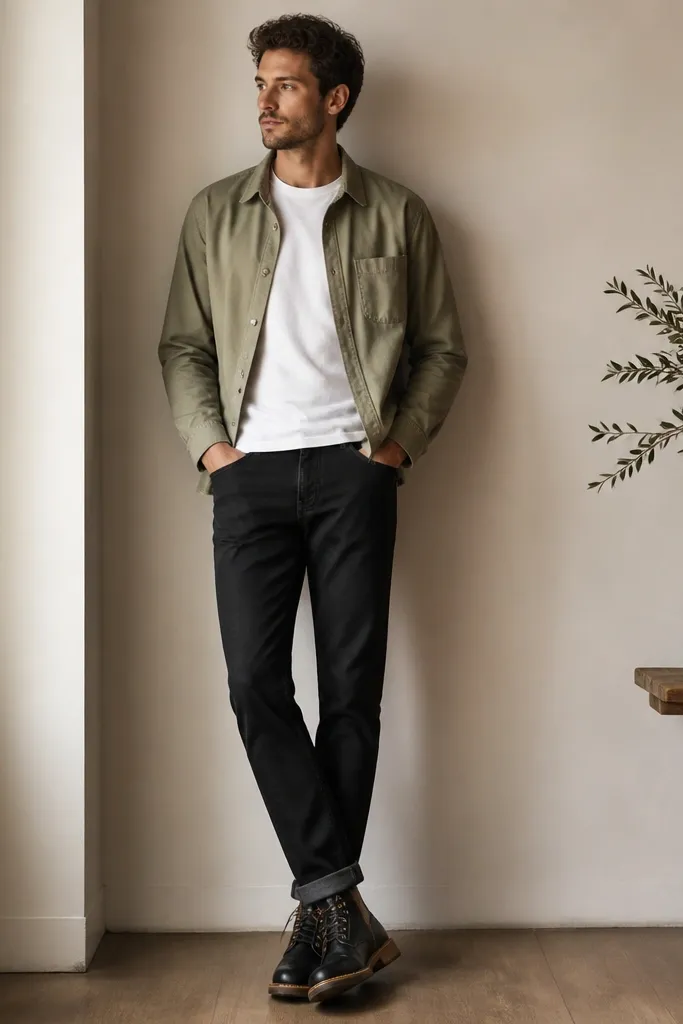Black jeans paired with a light olive lightweight overshirt worn open, black-and-tan boots, and a white crew tee underneath.