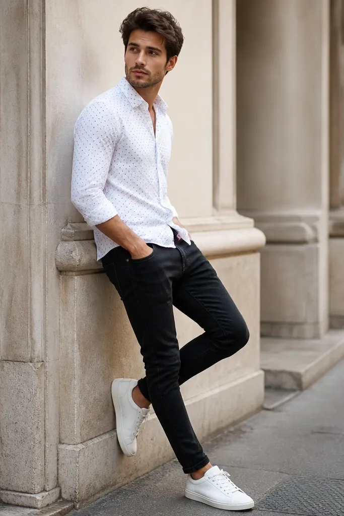 Black jeans paired with a white button-down featuring tiny blue dot pattern, sleeves rolled, worn half-tucked, and white sneakers.