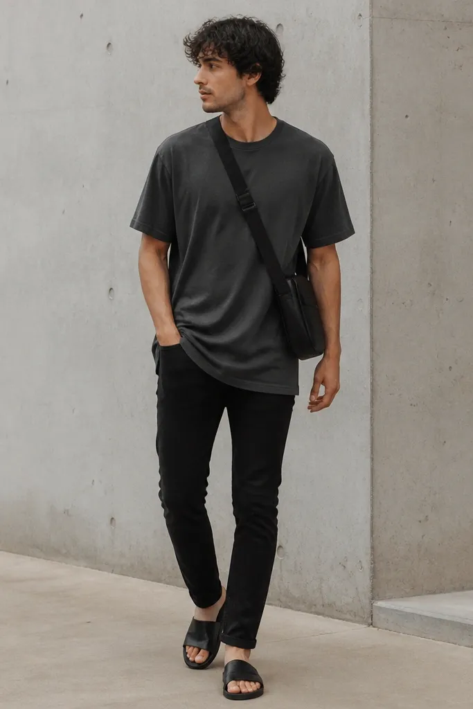 Black jeans paired with a charcoal longline tee that extends slightly past the hips, worn with black slide sandals and a crossbody bag.