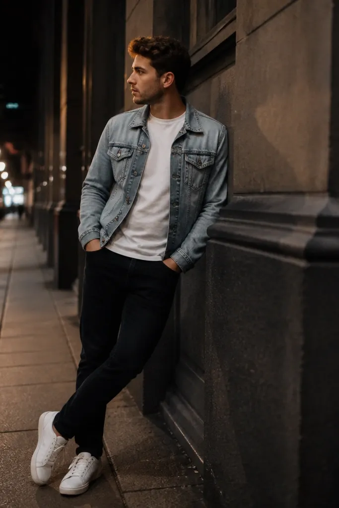 Black jeans with a plain white crew tee, a light wash denim jacket worn open over it, and white sneakers; nighttime street lighting feel.