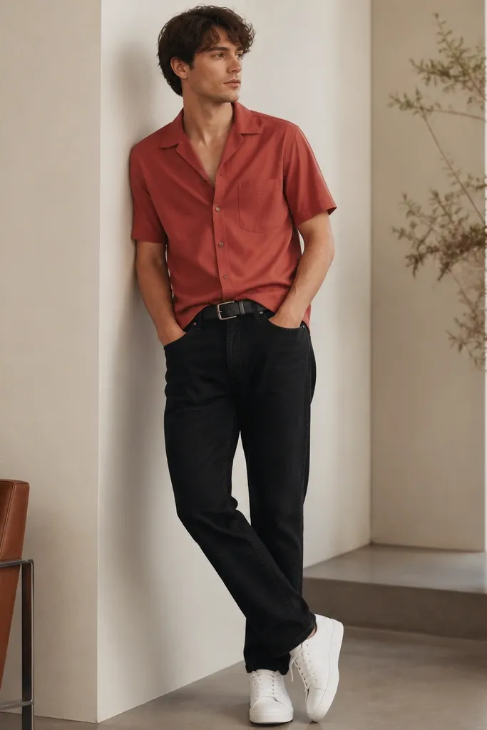 Black jeans paired with a muted brick-red short-sleeve shirt, collar open, worn untucked, plus white sneakers and a black belt.