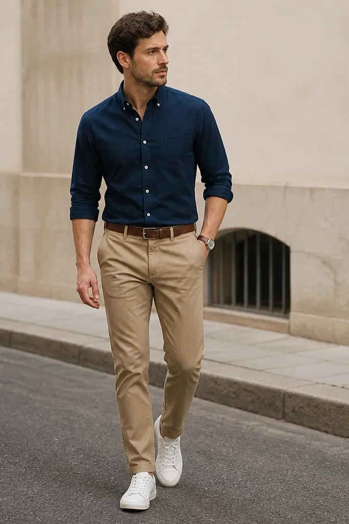 A man wearing light brown khaki straight-leg pants with a navy button-down Oxford shirt, sleeves rolled to mid-forearm, and a tan leather belt. He has clean white low-top sneakers and a simple silver watch. Background is a neutral street setting.