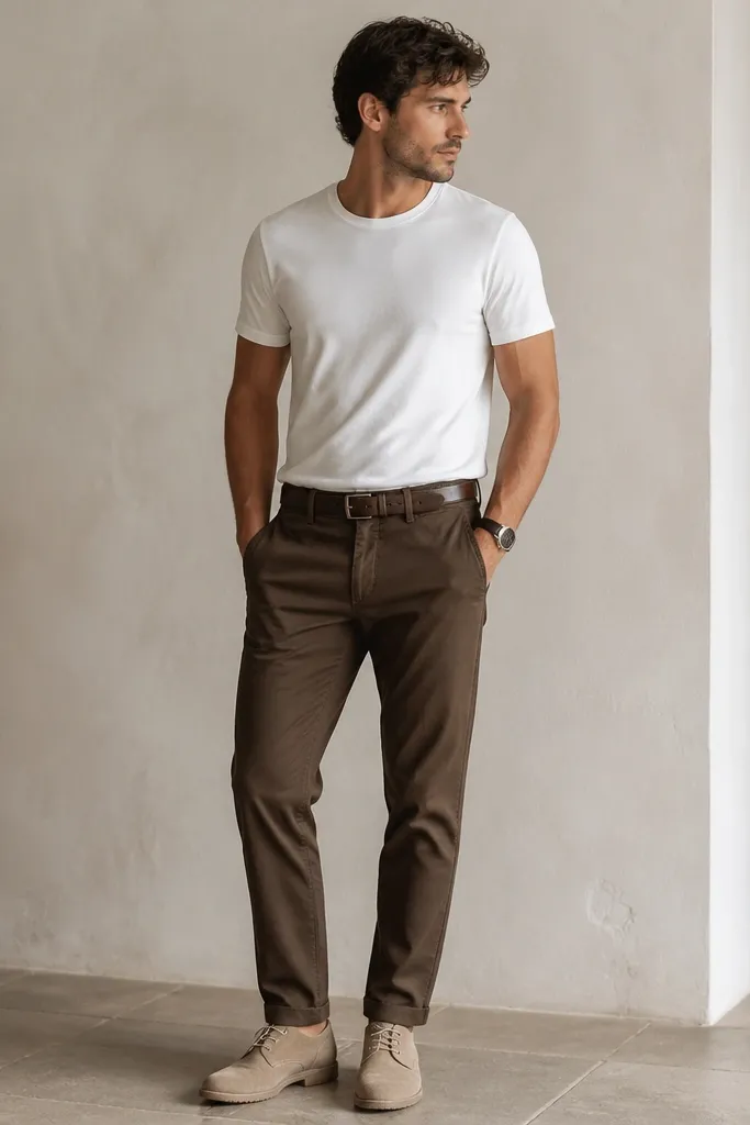 Chocolate-brown khaki pants with a slightly tapered fit are styled with a fitted-but-not-tight white crewneck tee. The man wears suede desert boots in sand/tan and a dark brown leather belt. A minimal leather watch sits on the wrist.