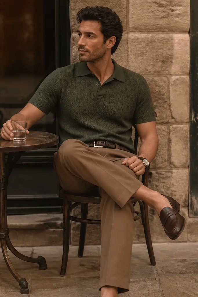 Mid brown khaki pants with a relaxed straight cut paired with an olive green knit polo shirt. The man wears dark brown leather loafers and a matching belt, with a knit watch strap. Lighting is warm and the background is a calm outdoor cafe scene.