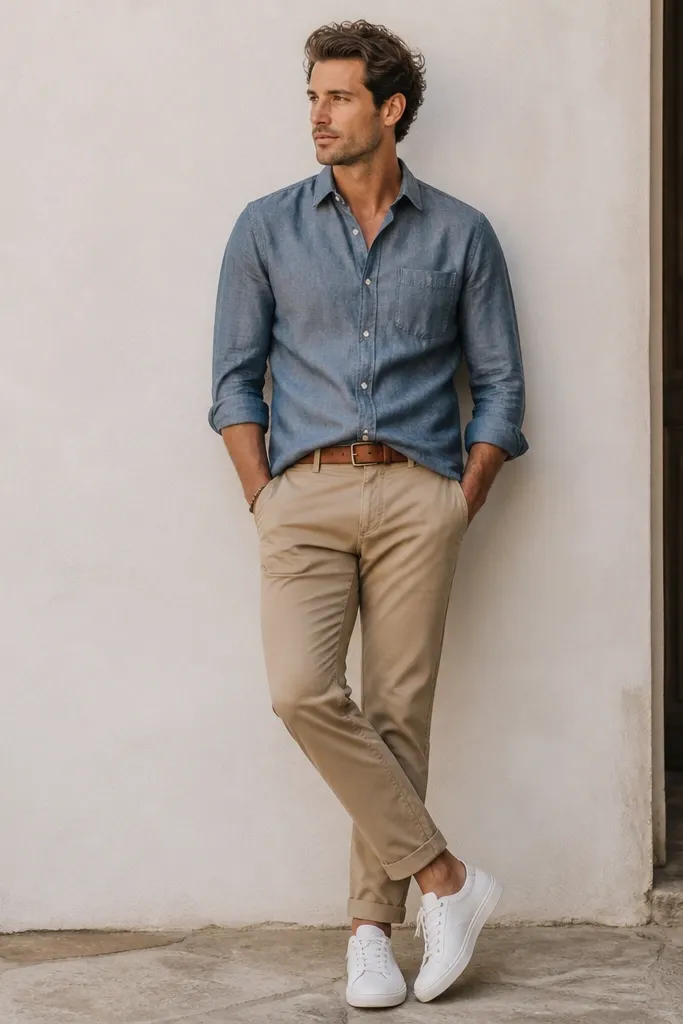 Tan khaki pants paired with a slate blue chambray button-up. The shirt is worn half-tucked with the top button undone, and the man wears white leather sneakers. A light brown belt and a simple bracelet are visible.