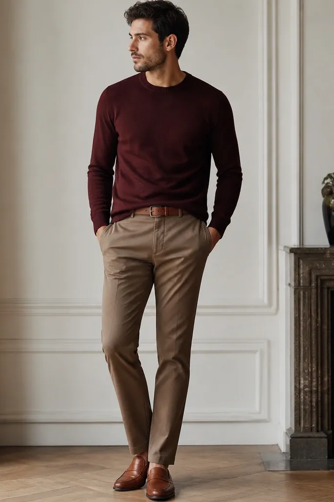 Medium brown khaki pants with a clean tapered leg styled with a burgundy crewneck sweater. The man wears cognac leather loafers and a matching cognac belt. The sweater sits neatly at the waist with a slight tuck in the front.