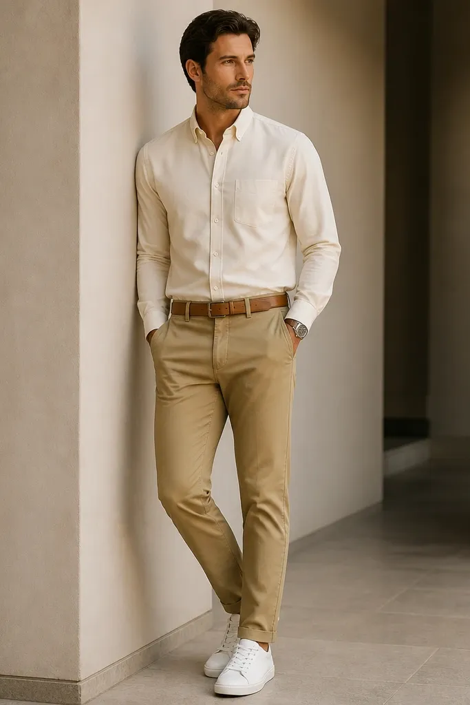 Light brown khaki pants styled with a cream poplin button-down. The shirt is fully tucked, sleeves down, and the man wears clean white sneakers with low profile. Belt is tan leather, watch is simple steel.