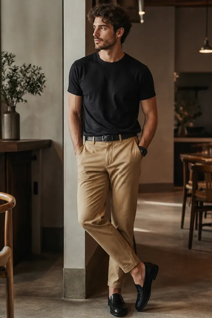 Tan khaki pants with a tapered leg and a black crewneck T-shirt. The man wears black leather loafers and a black belt, with a matte black watch. Background is an indoor cafe with warm lighting.