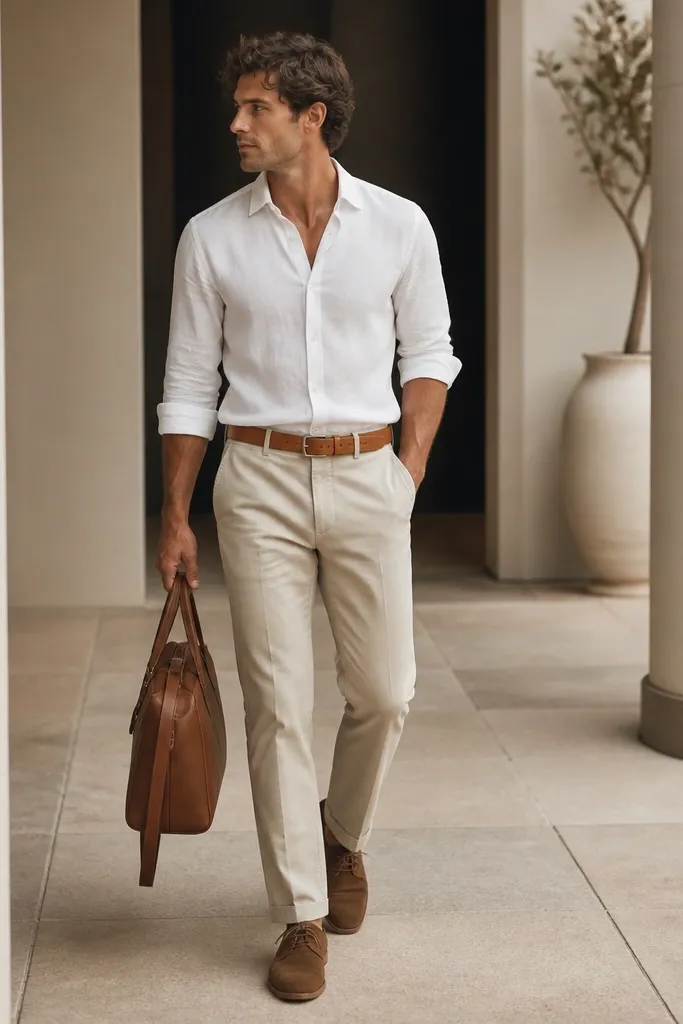 Light khaki pants paired with a white linen button-up. The shirt is worn open at the collar with a small fold in the chest, and the man wears brown suede derby shoes. Belt is tan, and he's holding a simple leather strap bag.