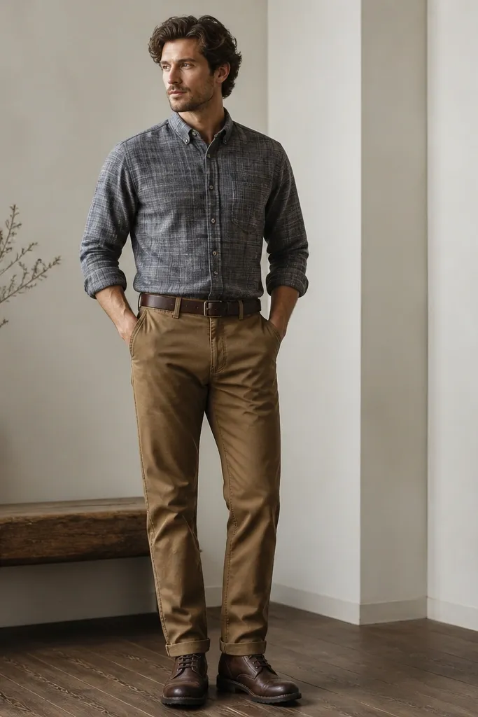 Medium brown khaki pants styled with a gray flannel button-down shirt. The shirt is fully tucked with a straight hem, and the man wears dark brown leather boots. Belt matches the boots.