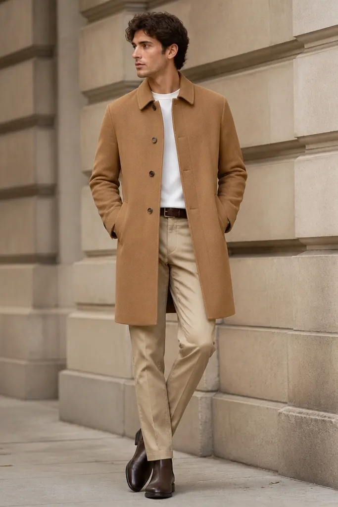 Tan khaki pants with a straight fit worn with a white crewneck tee and a camel overcoat. The man wears dark brown leather Chelsea boots and a matching belt. The coat is buttoned and the collar is neatly folded.