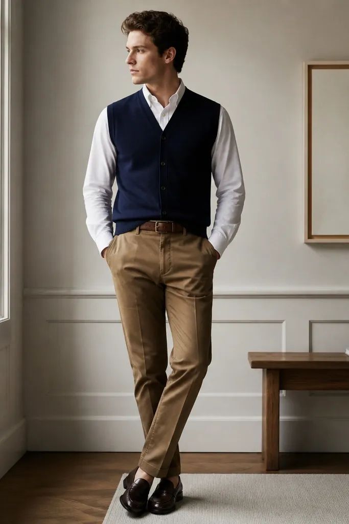 Brown khaki pants styled with a navy sweater vest over a white button-down. The man wears a belt in medium brown and dark loafers. The vest is buttoned and the shirt collar shows neatly.