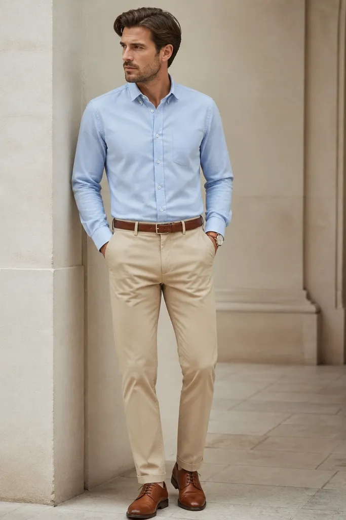 Sand khaki pants paired with a light blue Oxford shirt. The shirt is tucked, sleeves are down, and the man wears brown leather lace-up shoes. Belt is the same brown as the shoes, and the watch has a tan strap.