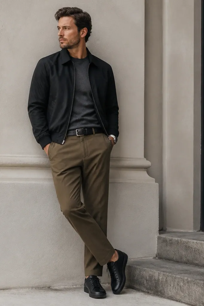 Olive-brown khaki pants styled with a black Harrington jacket. The man wears a gray crewneck tee underneath and black leather sneakers. A black belt and watch are visible.