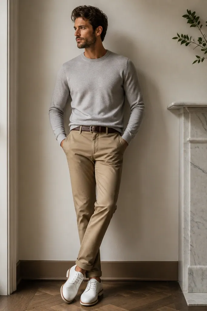 Mid khaki pants paired with a light gray knit crewneck sweater. The man wears white leather derby shoes and a brown belt. The knit is smooth, not chunky, and the shirt looks neatly fitted.