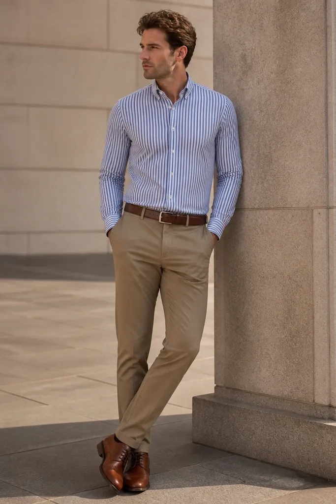 Khaki brown pants paired with a blue-and-white vertical striped button-down. The man wears brown leather Oxford shoes and a matching belt. The shirt is tucked, collar is crisp, and the overall look is sharp and clean.
