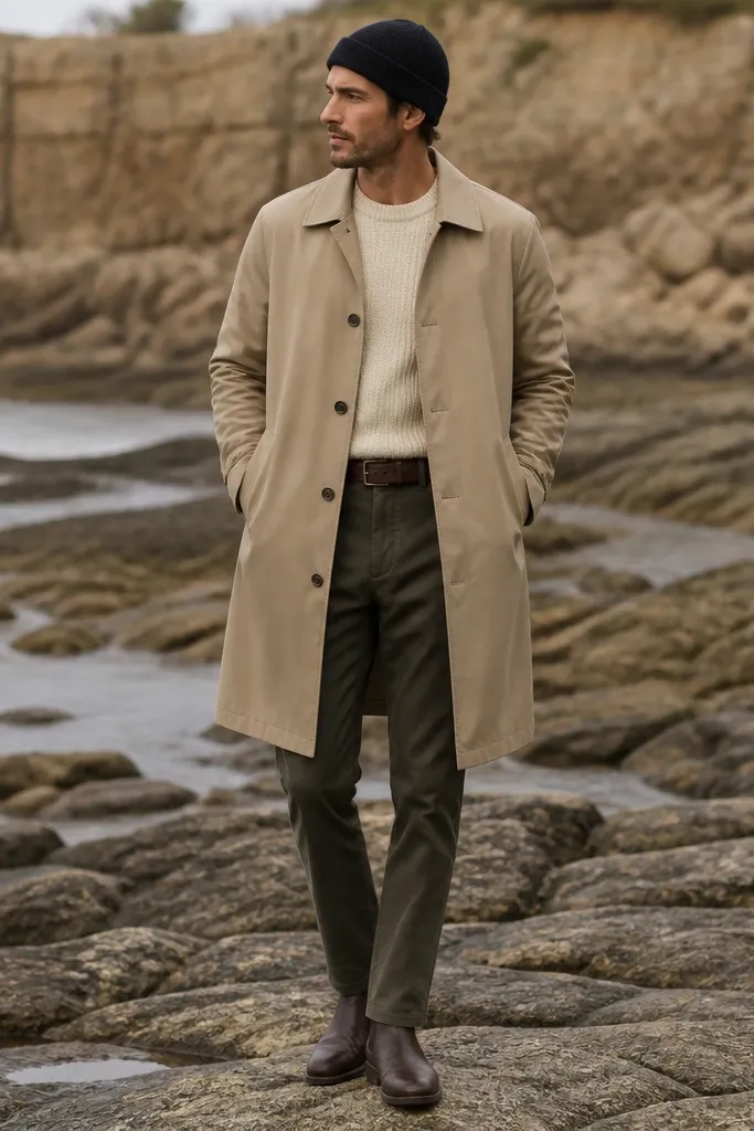 Dark khaki pants styled with a tan trench coat over a cream knit sweater. The man wears black knit beanie, dark brown leather boots, and a dark brown belt. The trench is buttoned and the outfit is staged outdoors.