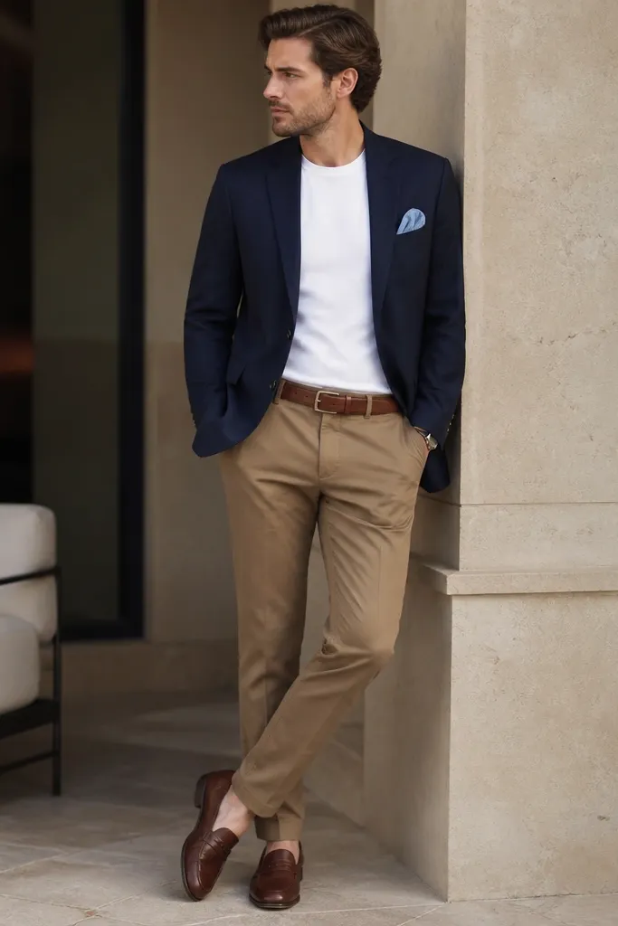 Brown khaki pants styled with a navy blazer. Under the blazer is a plain white pocket tee. The man wears brown leather loafers and a matching belt, with a pocket square in light blue.