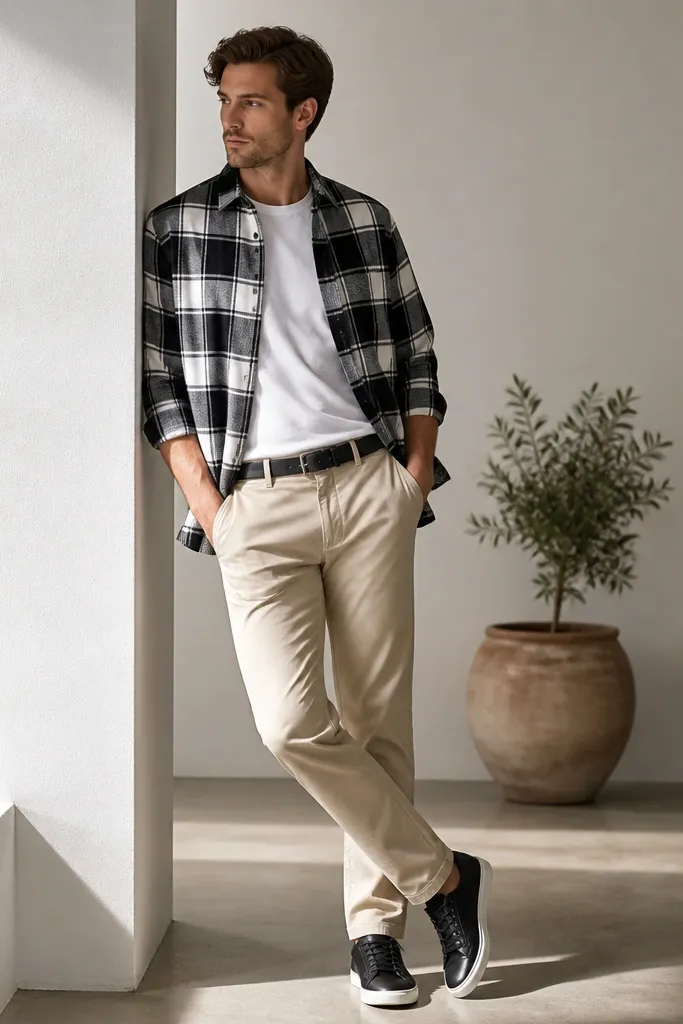 Light khaki pants styled with a black-and-white check overshirt worn open over a white T-shirt. The man wears black leather sneakers and a black belt. The outfit looks casual but crisp, with the check pattern clearly visible.