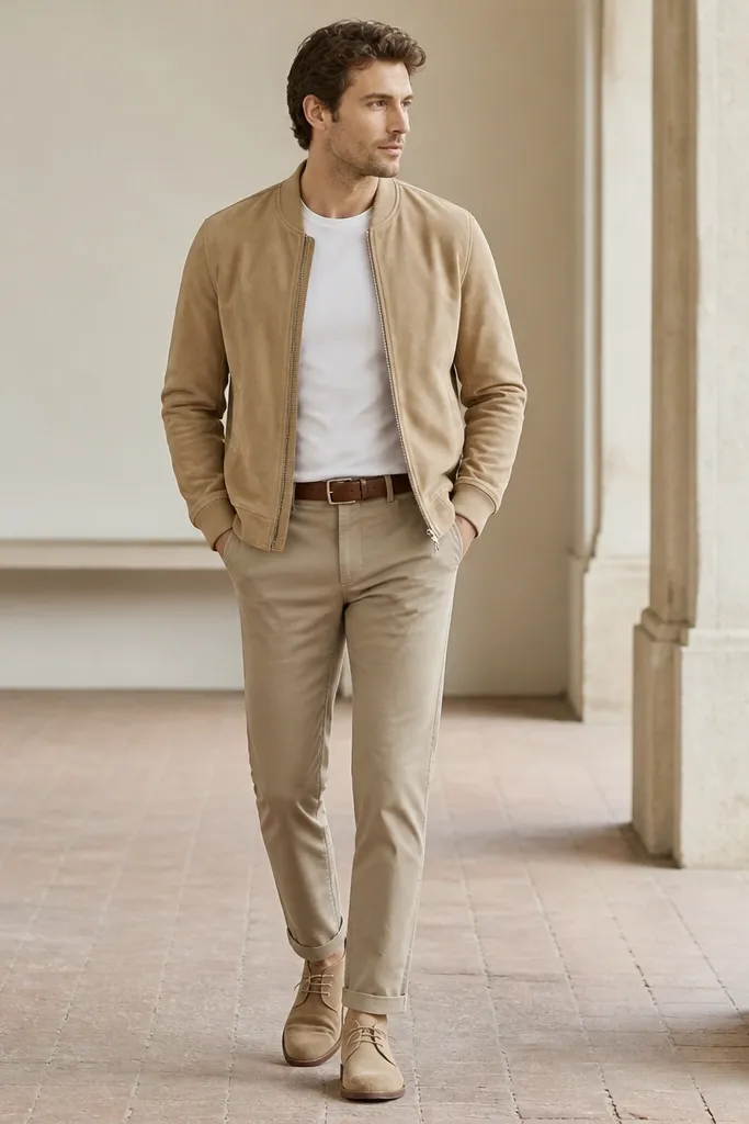 Brown khaki pants paired with a sand suede bomber jacket over a white crewneck tee. The man wears tan suede chukkas and a brown belt. The bomber has a clean zipper and ribbed cuffs.