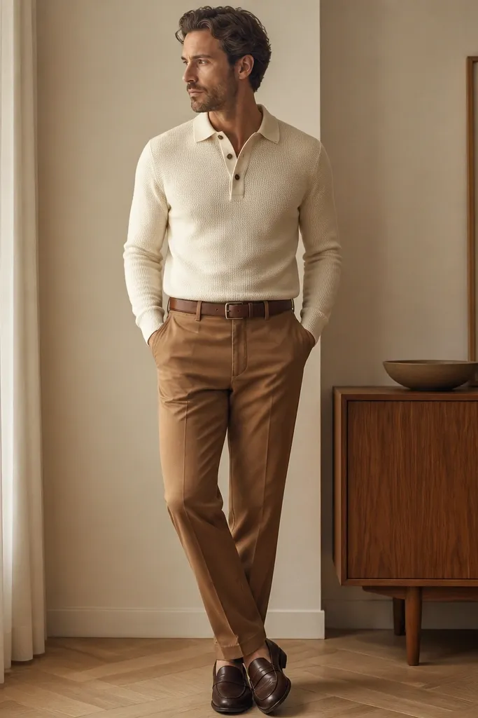 Caramel-brown khaki pants styled with a cream knit shirt with an over-button placket (like a sweater with buttons). The man wears brown leather loafers and a matching belt. The outfit is photographed indoors with soft light.