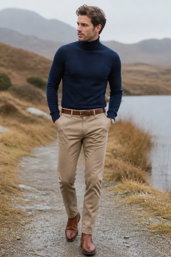 Light brown khaki pants styled with a navy turtleneck sweater. The man wears cognac leather boots and a matching belt. The turtleneck is fitted and the pants have a clean taper, photographed outdoors in cool weather.