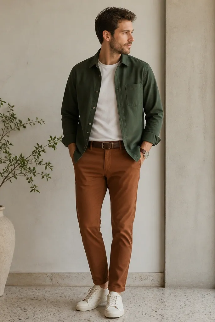 Model wearing a forest green cotton overshirt with a matte finish, worn over a white crewneck tee. Rust brown khaki chinos sit at the natural waist with a clean taper to the ankle. A medium-width brass belt buckle catches light above a simple brown leather watch strap. Outfit is finished with off-white low-top sneakers and a pair of no-show socks.