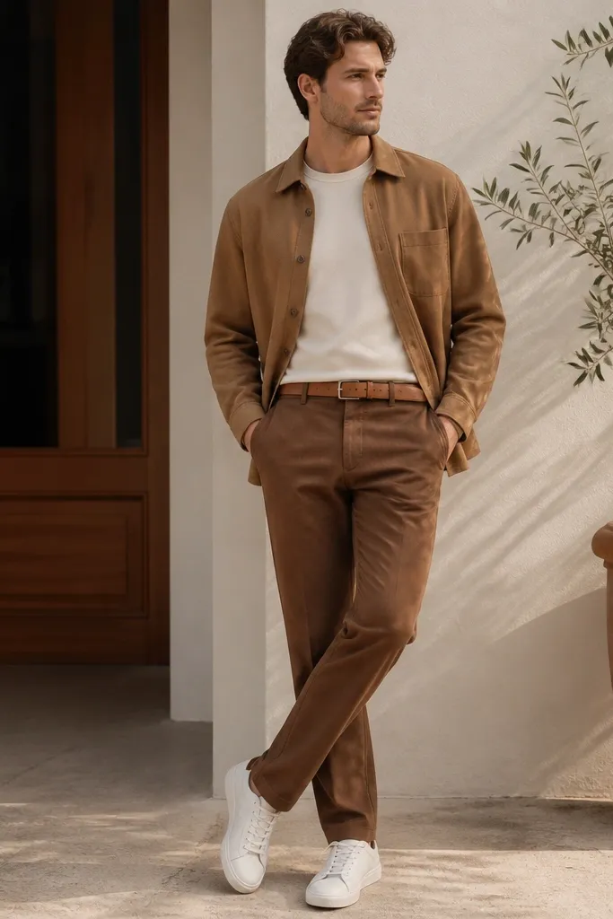A man wearing warm brown straight-leg pants, a cream crew-neck T-shirt, and a camel-brown overshirt. Clean white low-top sneakers and a simple tan belt. Bright daylight shows the pants as warm and slightly matte.