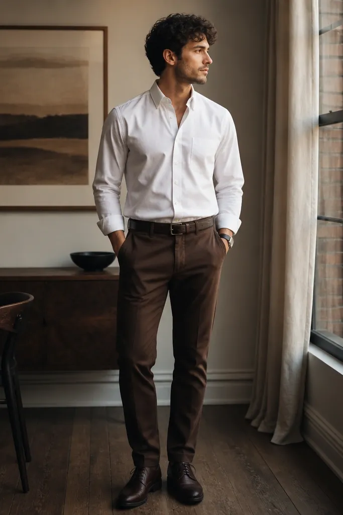 Chocolate-brown chinos with a slight taper, a crisp white oxford button-down tucked in, and dark brown leather lace-up shoes. A simple black or dark-brown belt and minimal watch. The shirt collar is open with no tie.