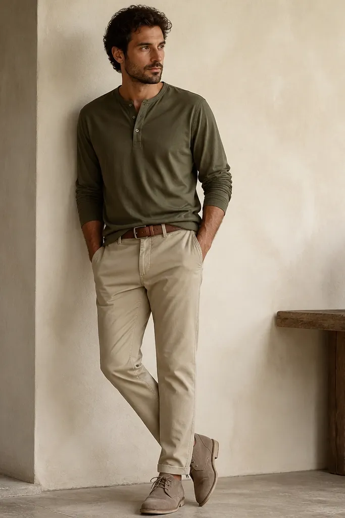 Light tan/buff trousers paired with an olive three-button henley. Suede desert boots in warm taupe and a soft brown leather belt. The look is relaxed with the henley slightly loose at the waist.