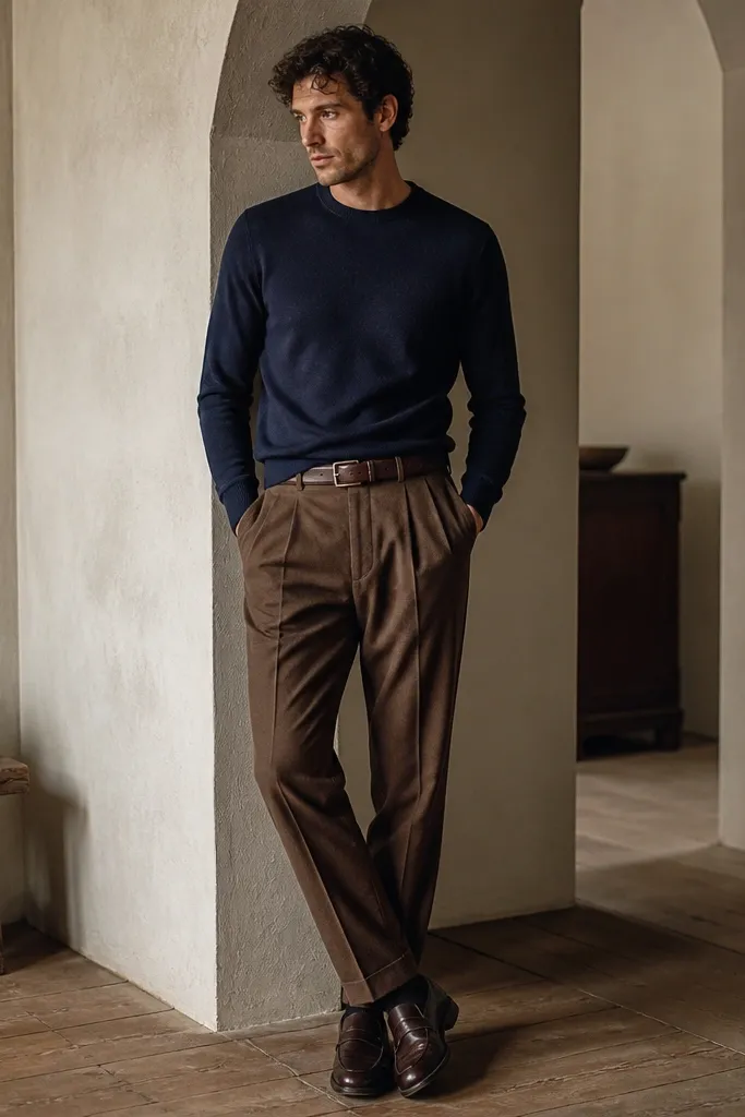 Medium brown pleated trousers with a navy crewneck sweater. Loafers in dark brown leather and a brown belt. The sweater sits neatly at the waist, not tucked fully.