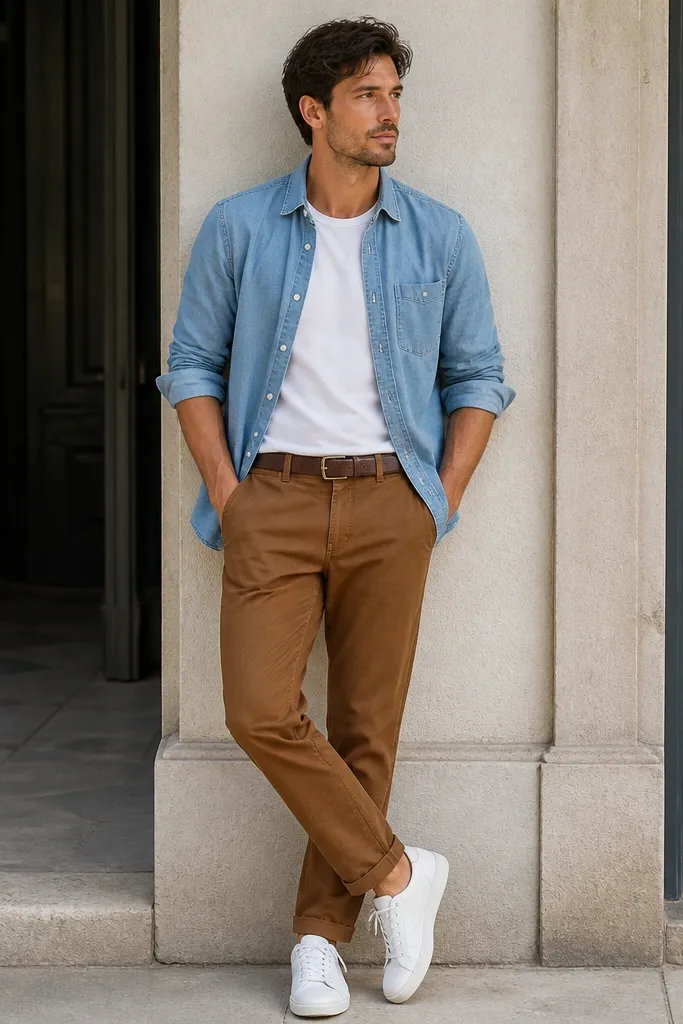 Cognac-brown chinos with a light blue chambray button-down worn open over a white tee. White sneakers and a brown leather belt. The fabric looks slightly worn-in and casual.