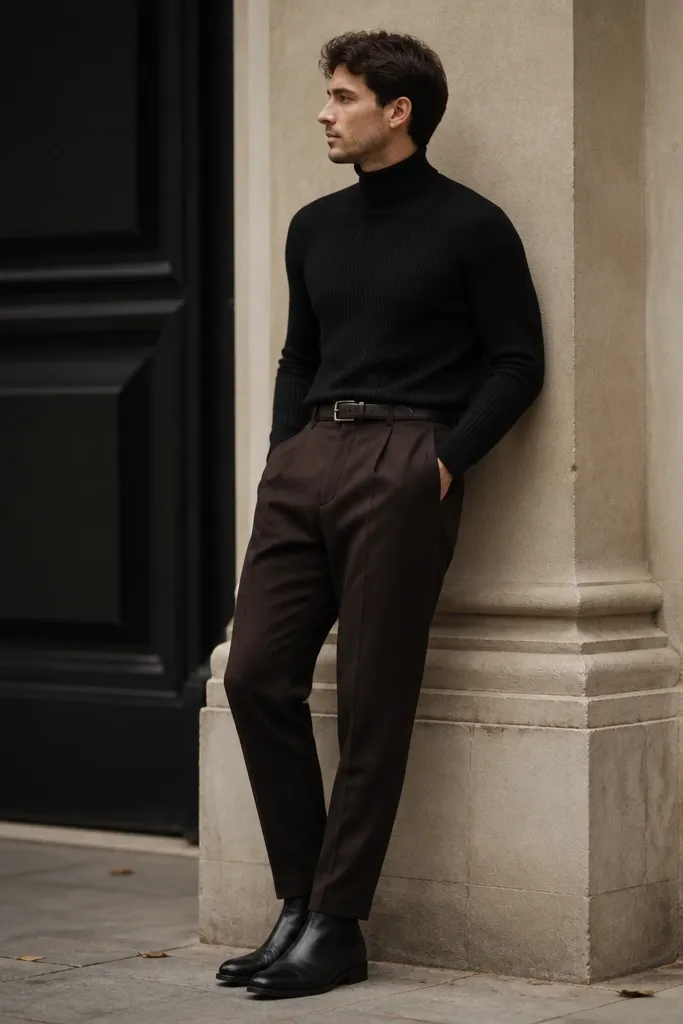 Dark brown wool trousers with a black ribbed turtleneck. Black Chelsea boots and a black or dark brown belt. The outfit looks winter-ready, with heavier fabric and a clean silhouette.