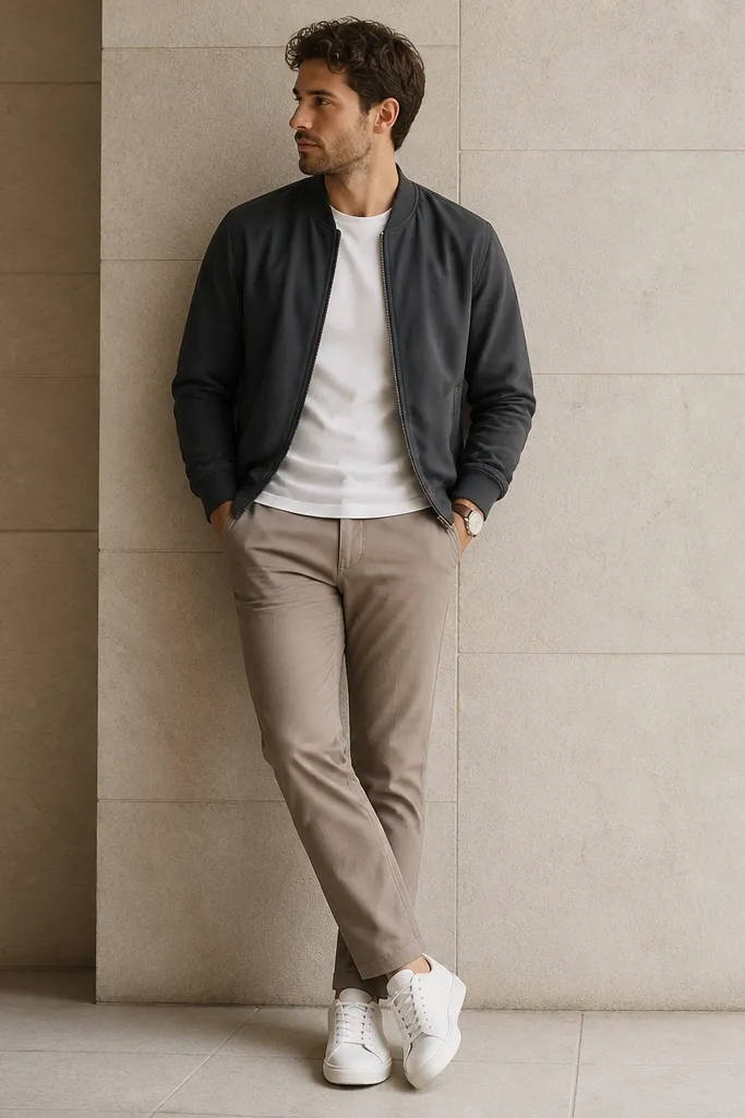 Light brown pants with a white crew-neck tee and a charcoal bomber jacket. White sneakers and a simple watch. The bomber has a knit cuff and ribbed waistband.