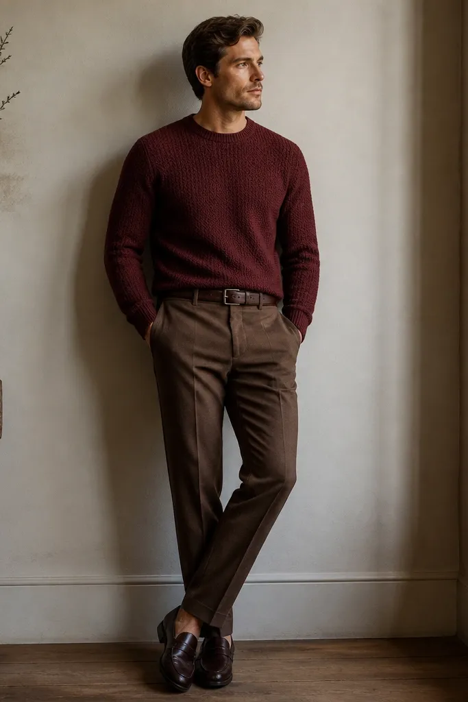 Medium brown trousers with a burgundy knit sweater. Dark brown loafers and a brown belt. The sweater has a textured knit and sits snug at the cuffs.