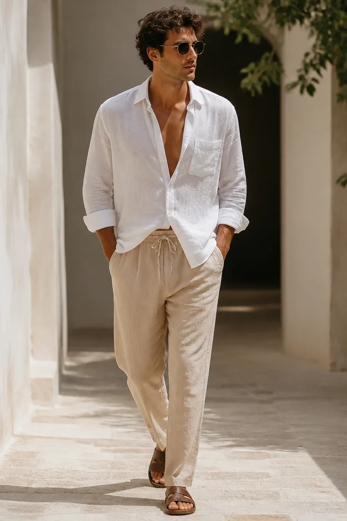 Tan drawstring pants paired with an unbuttoned white linen shirt over a bare or thin white undershirt. Brown sandals or simple slides and sunglasses. The look is airy and summer-light.