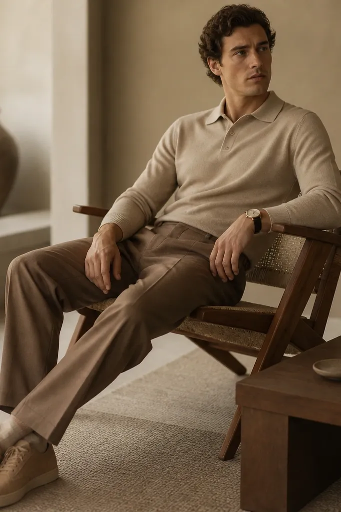 Warm brown pleated pants with a sand-colored knit polo. Suede sneakers in tan and a low-profile watch. The polo collar is clean and the fabric looks soft and matte.