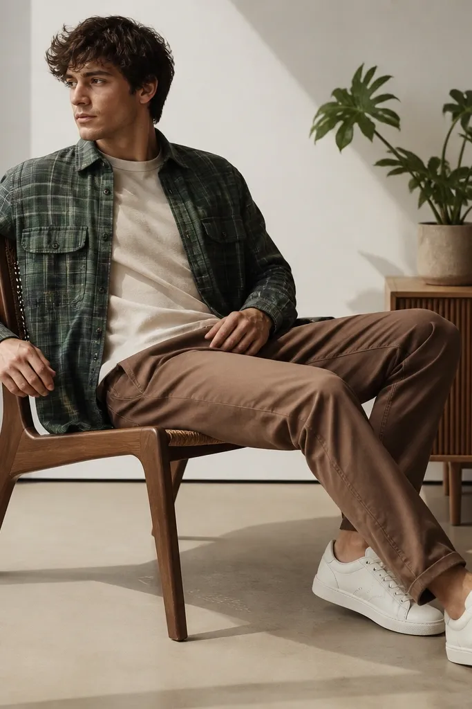 Light chocolate brown pants paired with a green plaid overshirt. A cream tee underneath and white sneakers. The plaid has visible lines and the overshirt is worn open.