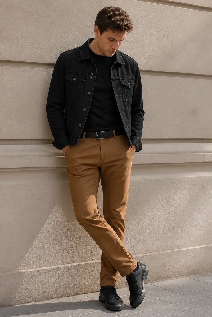 Caramel-brown pants paired with a black tee and a black denim jacket. Black sneakers and a simple black belt. The jacket has a classic button front and visible seams.