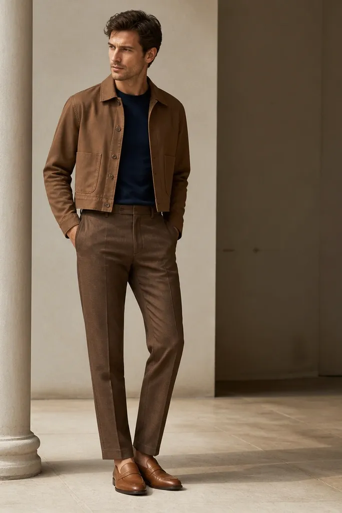 Medium brown pants paired with a navy crew-neck tee. A medium brown cropped jacket or short overshirt sits above the waist, and tan leather loafers finish the look.