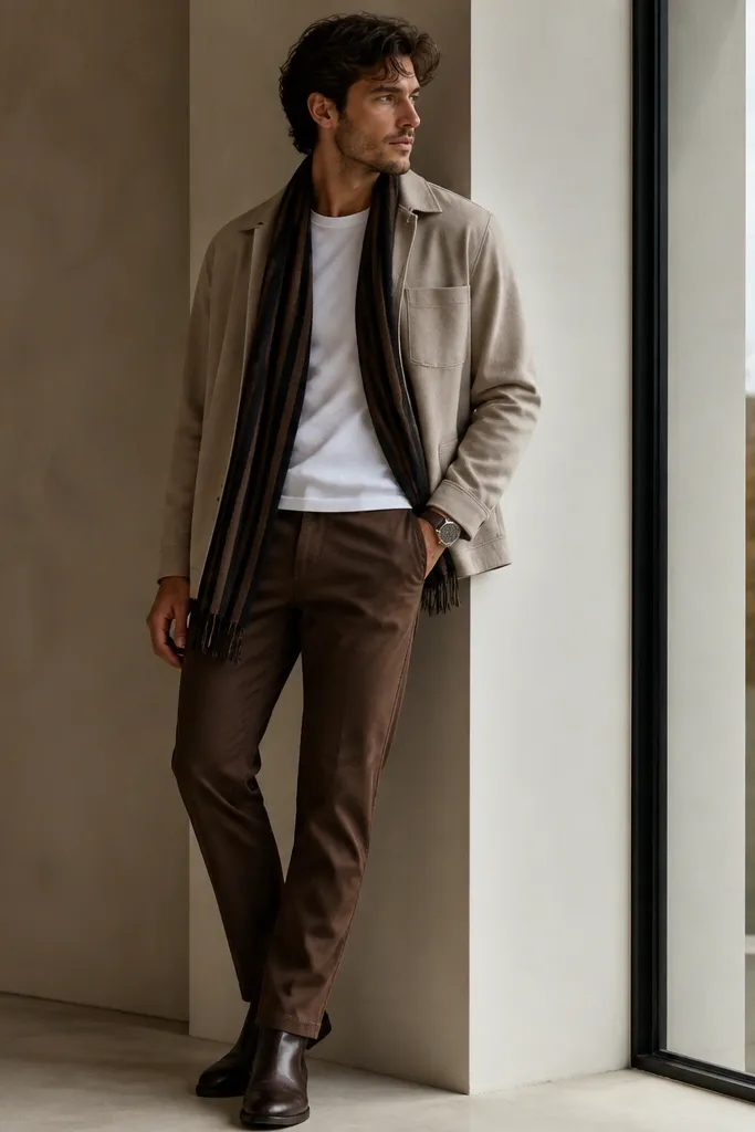 Brown pants with a plain white tee and a light layer of outerwear. A black-and-brown striped scarf is draped loosely at the neck. Dark boots and a simple wristwatch.
